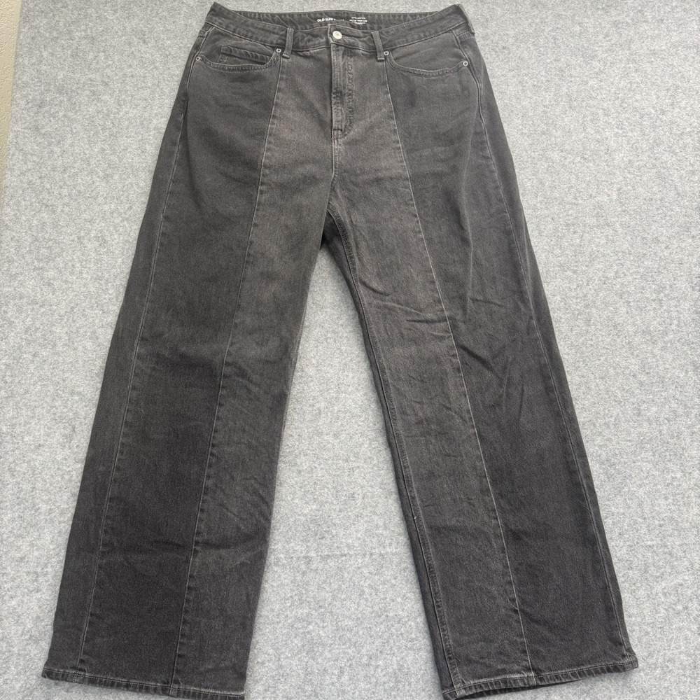 Old Navy Baggy Wide Leg Jeans Women 14 Black Panel Patch Drapey Denim High Rise